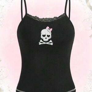 ROMWE Women's Small Black Skull Graphic Cropped Lace Detail Tank Top